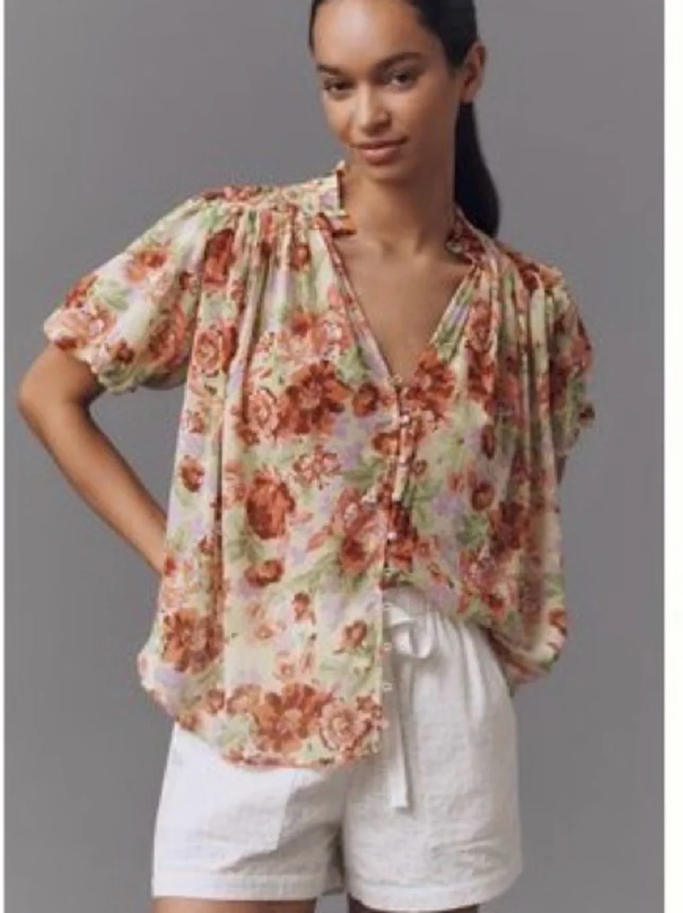 Anthropologie Floral Button-Front Blouse in Cream and Rust